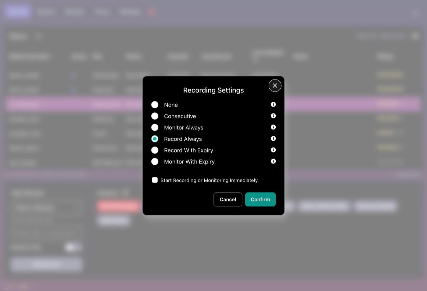 Recording Settings dialog in CaptureGem offering None, Consecutive, Monitor Always, Record Always, Record With Expiry and Monitor With Expiry