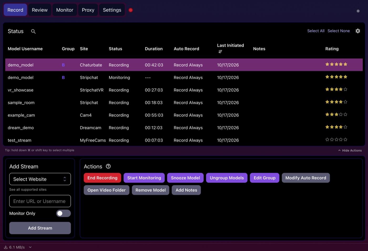 Seven placeholder models in CaptureGem's Record tab, recording or monitoring on Chaturbate, Stripchat, StripchatVR, Cam4, Dreamcam and MyFreeCams with auto-record set to Record Always