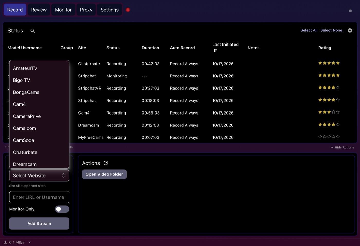 Select Website drop-down on CaptureGem's Record tab, listing AmateurTV, Bigo TV, BongaCams, Cam4, CameraPrive, Cams.com, CamSoda, Chaturbate and Dreamcam