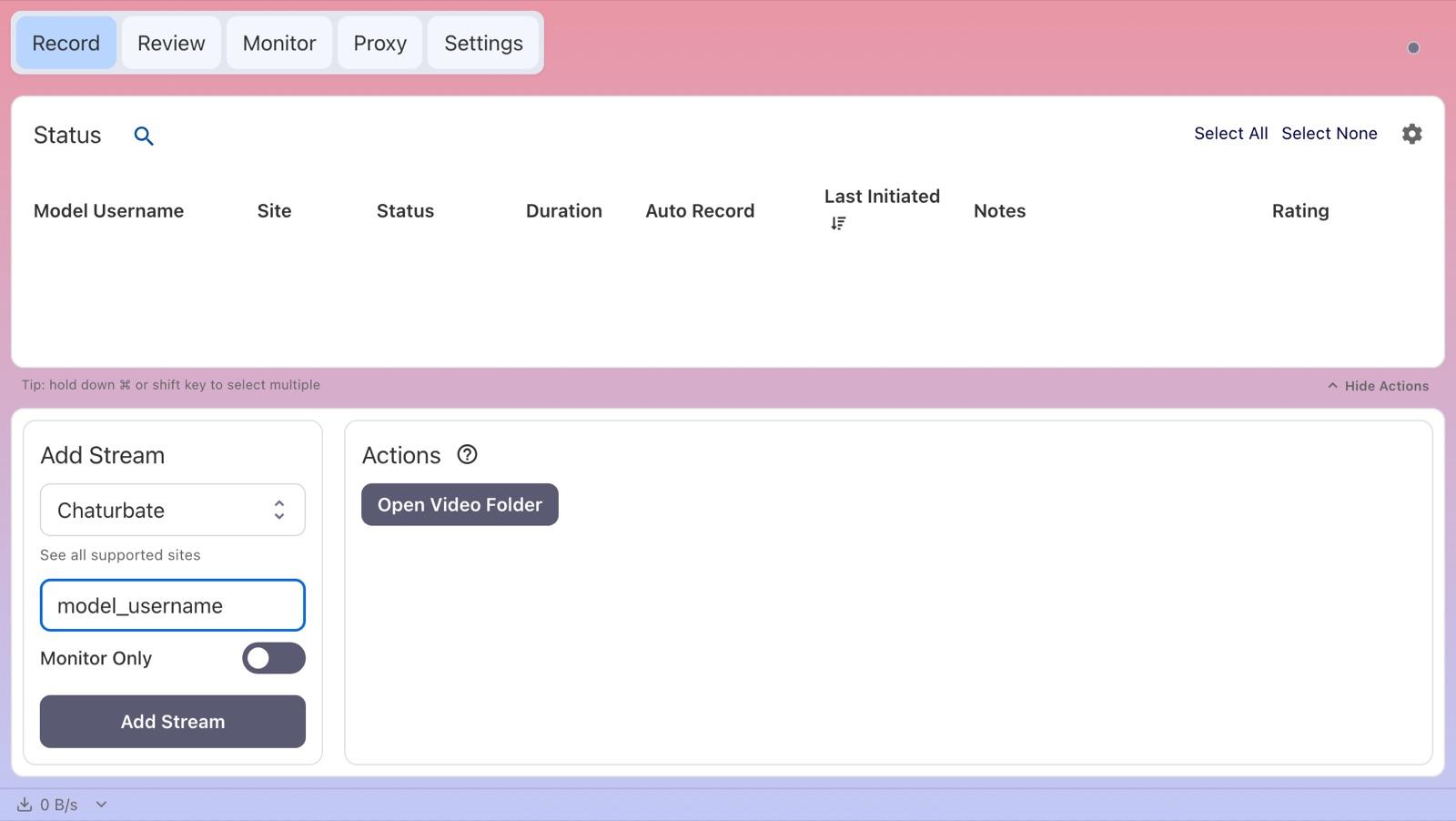 CaptureGem Record tab with Chaturbate selected in the Add Stream panel