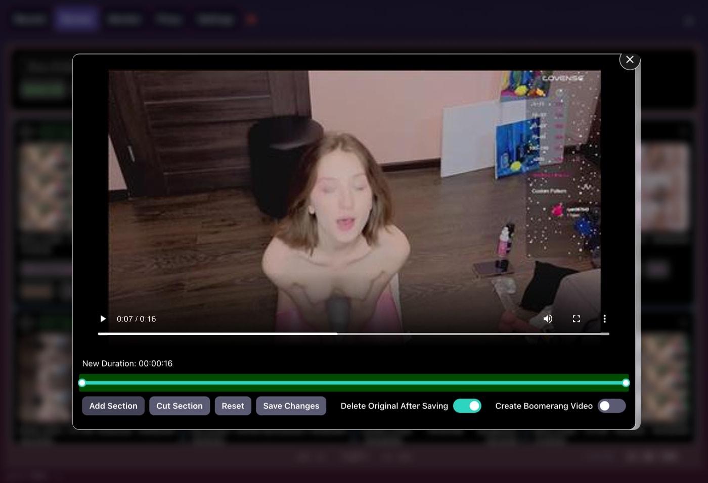 CaptureGem's built-in editor: a video preview, a timeline showing the kept section, and buttons for Add Section, Cut Section, Reset and Save Changes