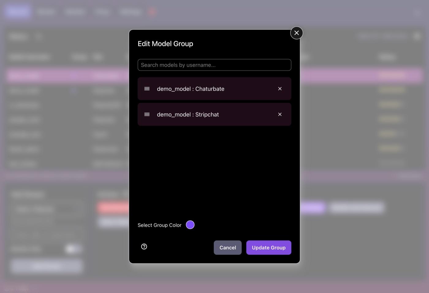 Edit Model Group window in CaptureGem that joins the Chaturbate and Stripchat rooms of demo_model